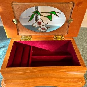 Gunther Mele Vintage 1976 Wooden, Floral Hand painted Glass, Jewelry Box